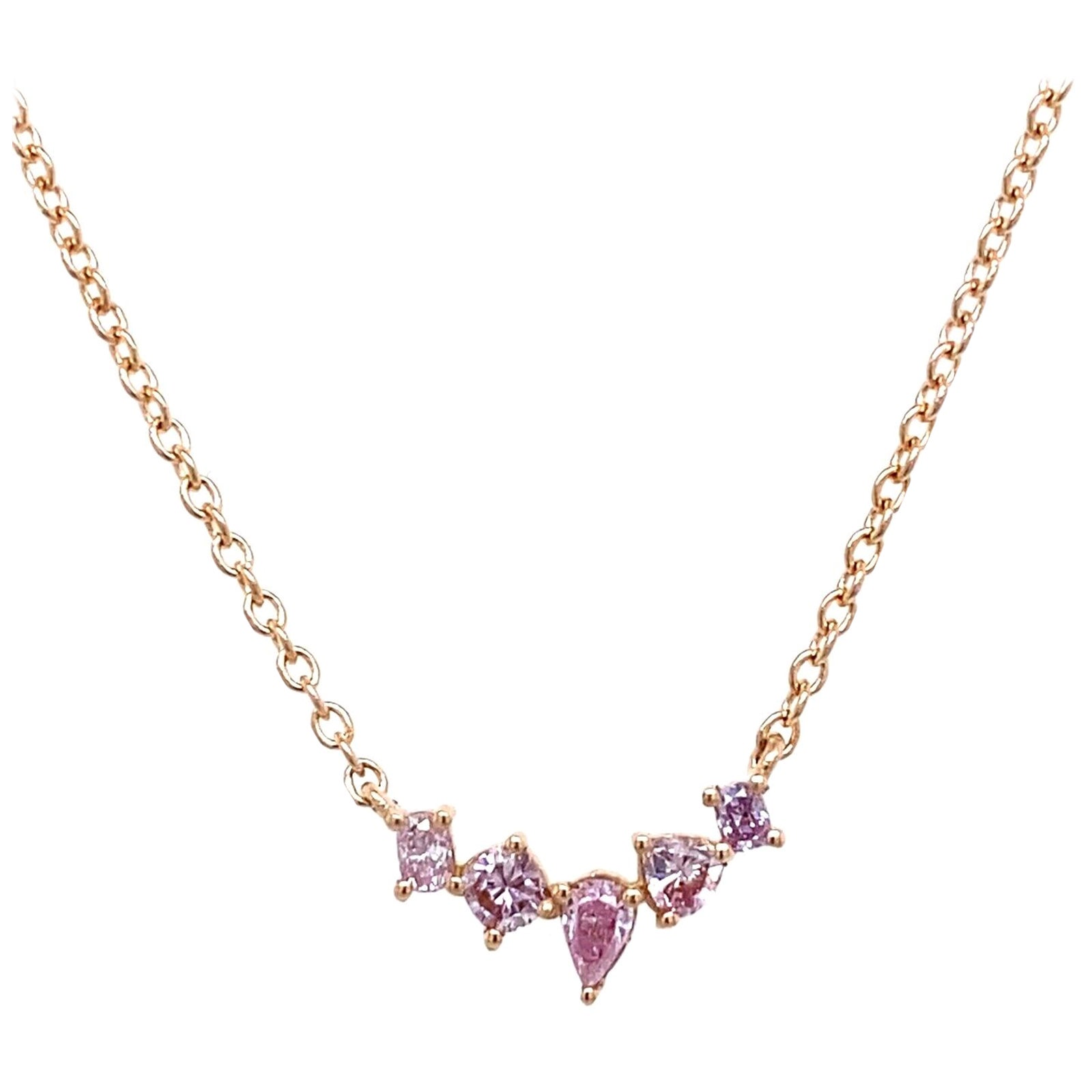 5-Stone Natural Pink Intense Diamond Necklace in 18ct Yellow Gold For Sale
