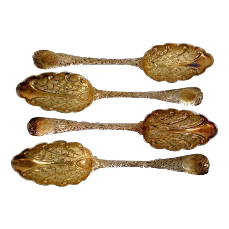 Set of 4 Victorian Repoussé Gilt Sterling Silver Boxed Serving Spoons, 1842 For Sale