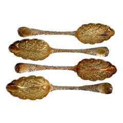 Set of 4 Victorian Repoussé Gilt Sterling Silver Boxed Serving Spoons, 1842