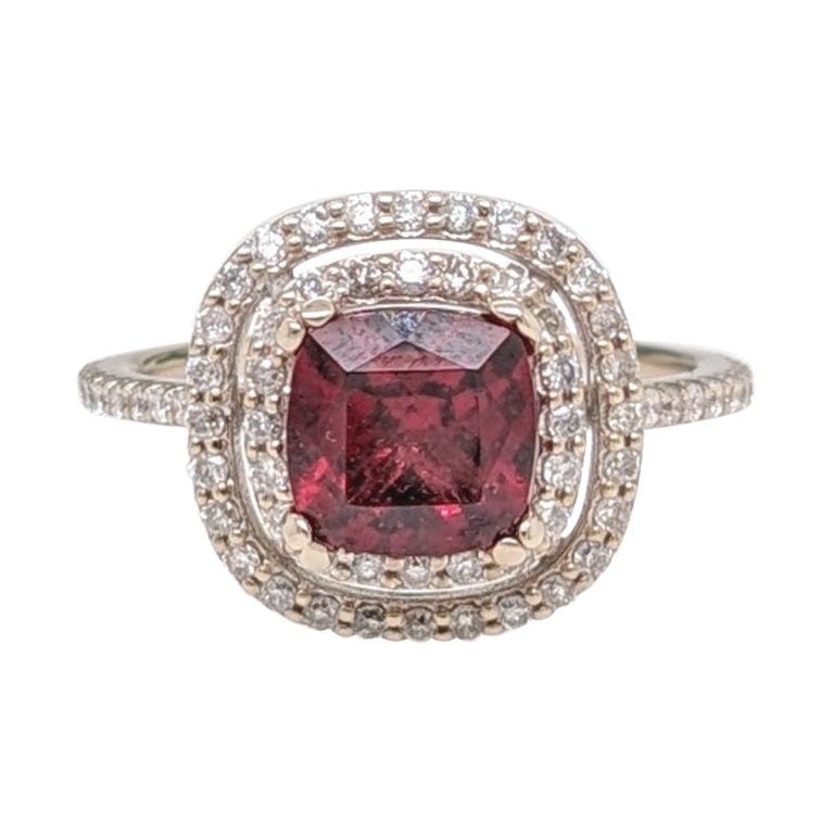 Red Rhodolite w Diamond Double Halo in Solid 14k White Gold Cushion Cut 6mm For Sale