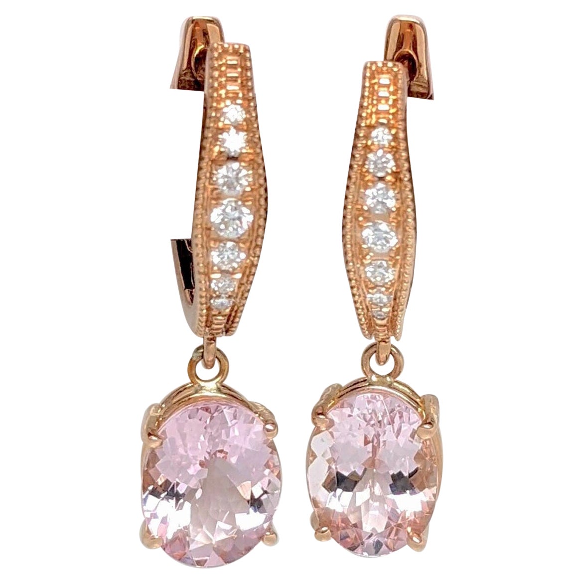 Boucles d'oreilles ovales 9 x 7 mm en or rose massif 14 carats avec Morganite de 3 carats et accents de diamants en vente