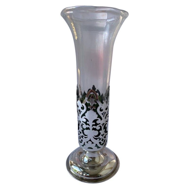 Victorian Pierced Sterling Silver and Glass Vase by Walker & Hall, 1898 For Sale