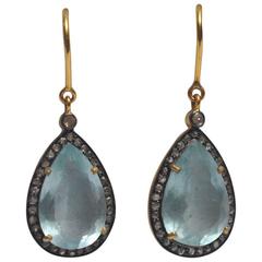Pear Shaped Faceted Aquamarine Drop Earrings Bordered with Diamonds, 18K