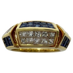 1.24ct Modern Art Deco Blue Sapphire & Diamond 18k Yellow Gold Band Signet Ring
