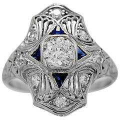 Art Deco .40 Carat Diamond Sapphire Platinum Engagement Ring