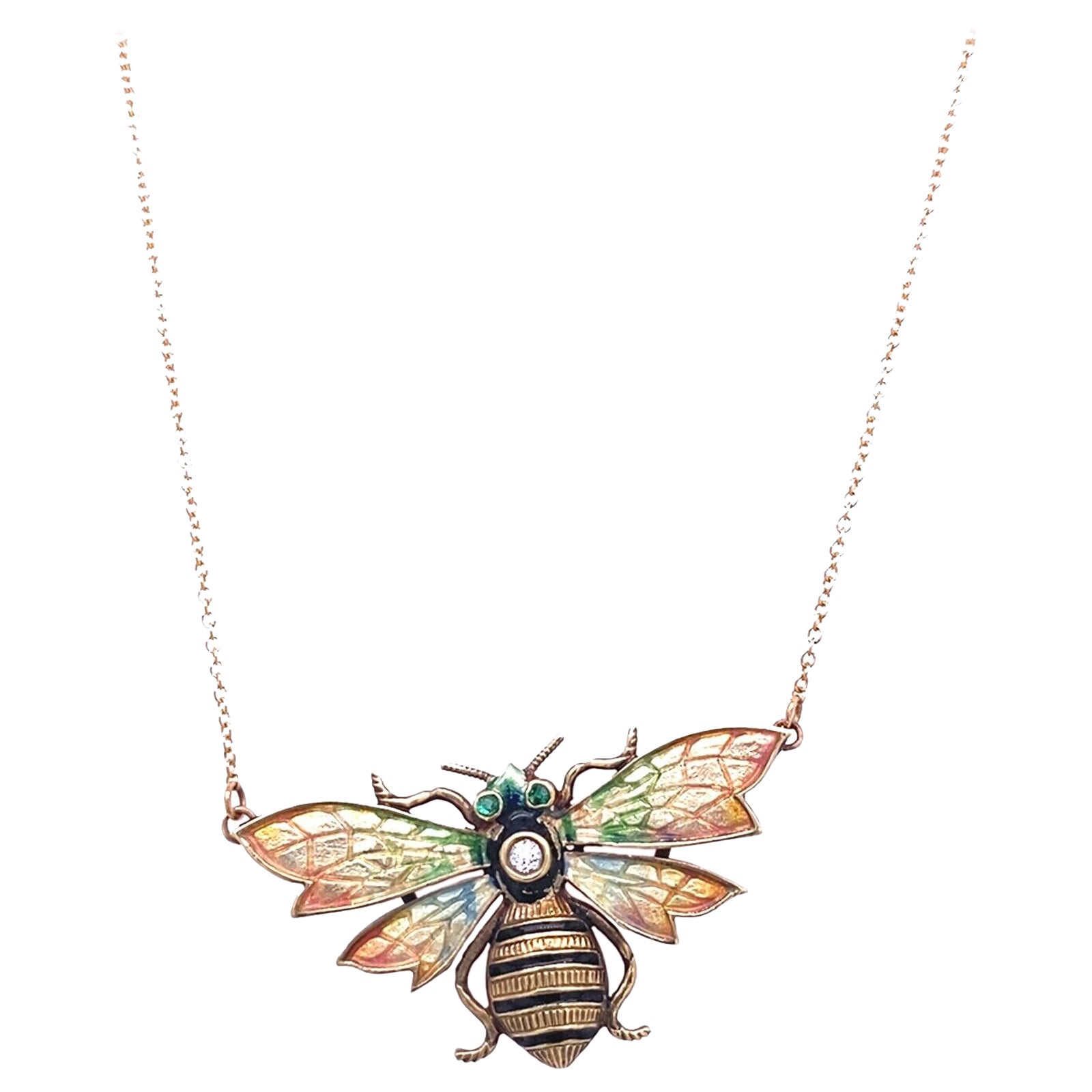 Enamelled Diamond & Emerald Bumble Bee Pendant on 18ct Yellow Gold Chain For Sale
