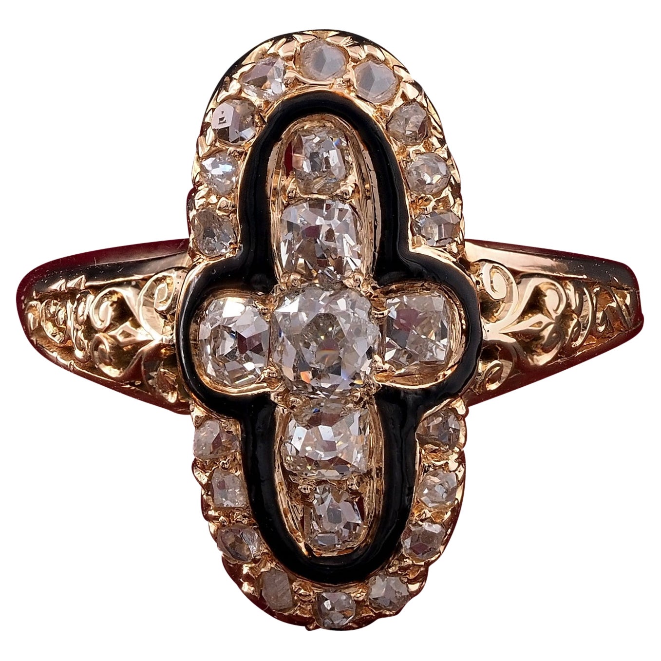 Gothic Style 1.35 Ct Old Mine Diamond 14 KT Rare Ring For Sale