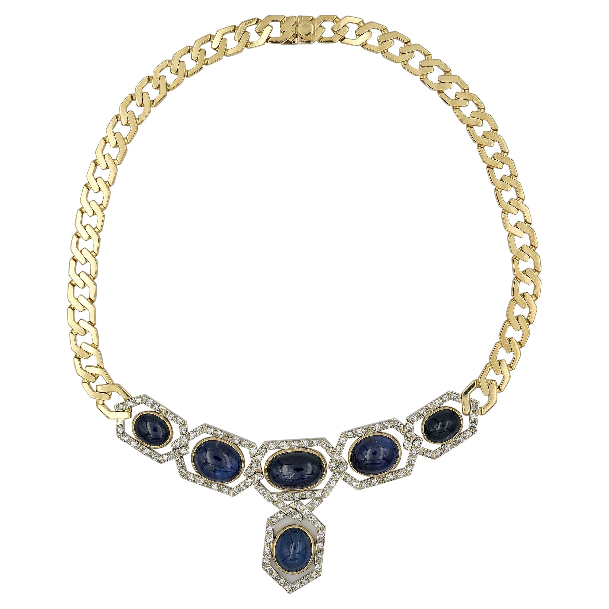 Unique 55.80 Ct Natural Sapphire 15.00 Ct 1970 Curb Necklace 18 KT For Sale