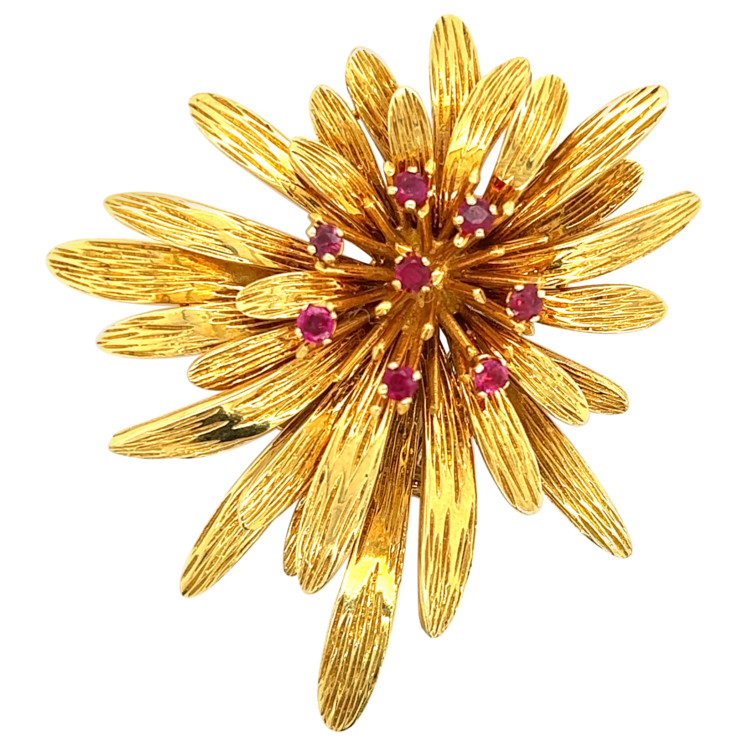Van Cleef & Arpels Ruby Gemstone Floral Motif Brooch 18k Yellow Gold