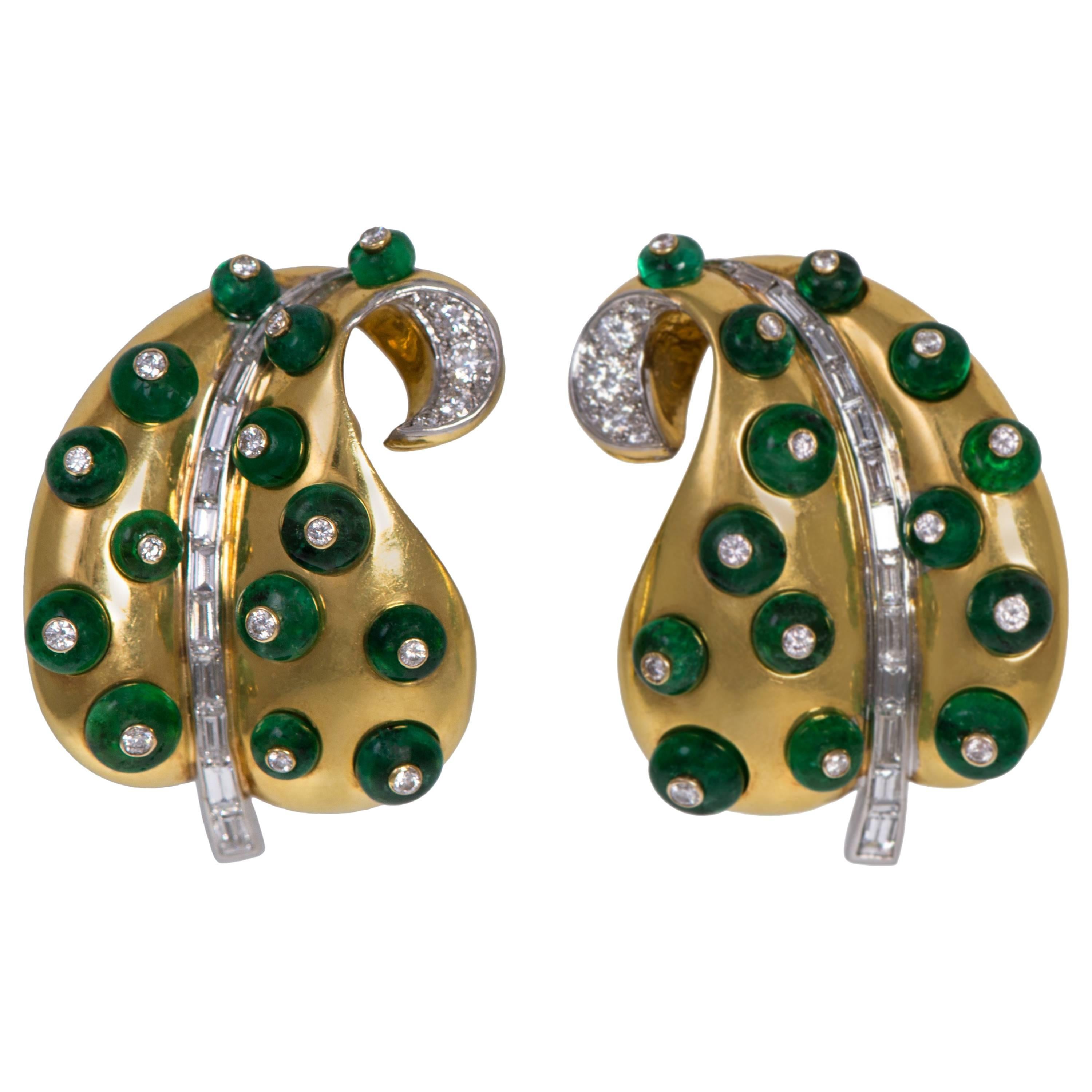 Marilyn Cooperman Diamond  Emerald Bead Gold Leaf Earrings