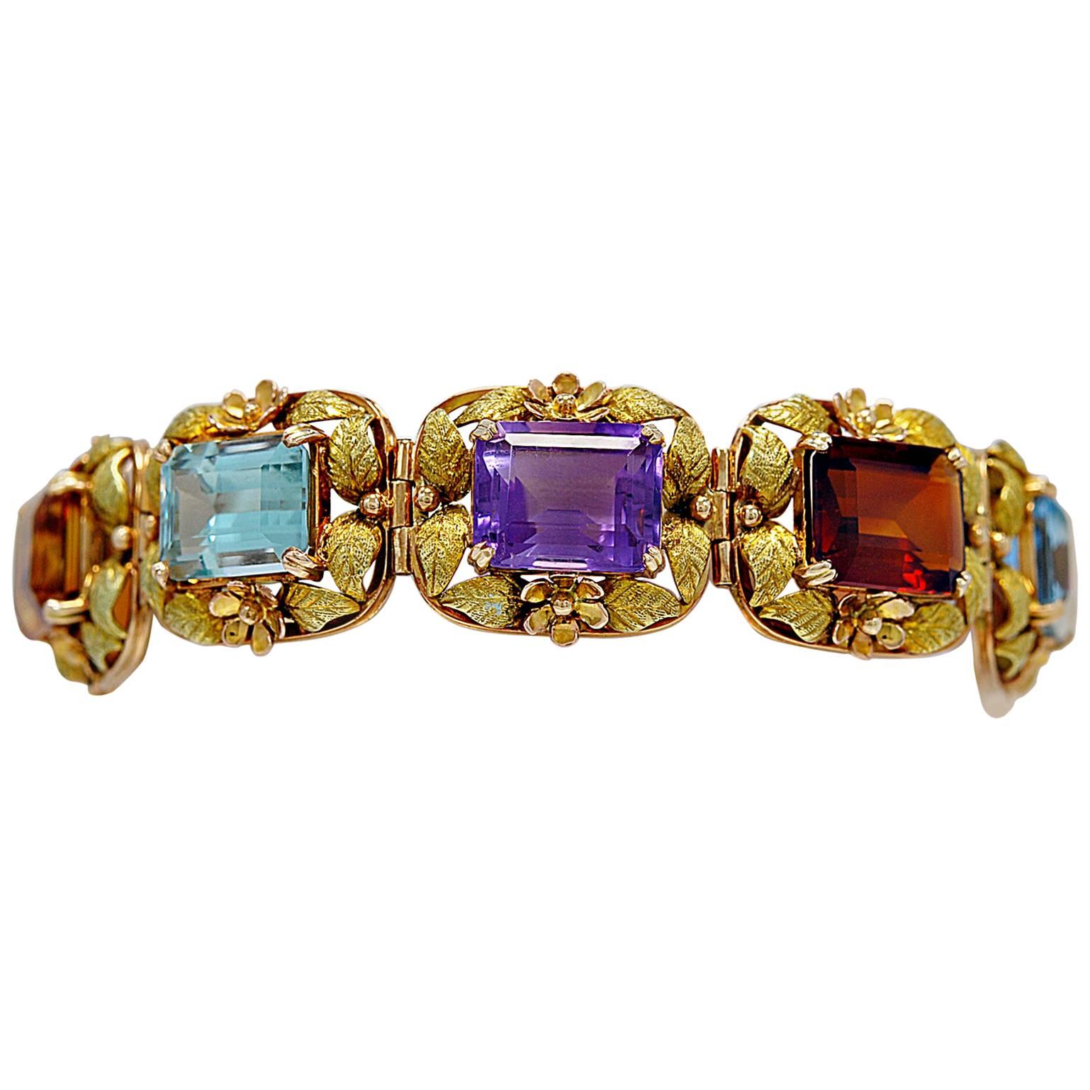 1950s Multi Colored Stone Two Color Gold Bracelet