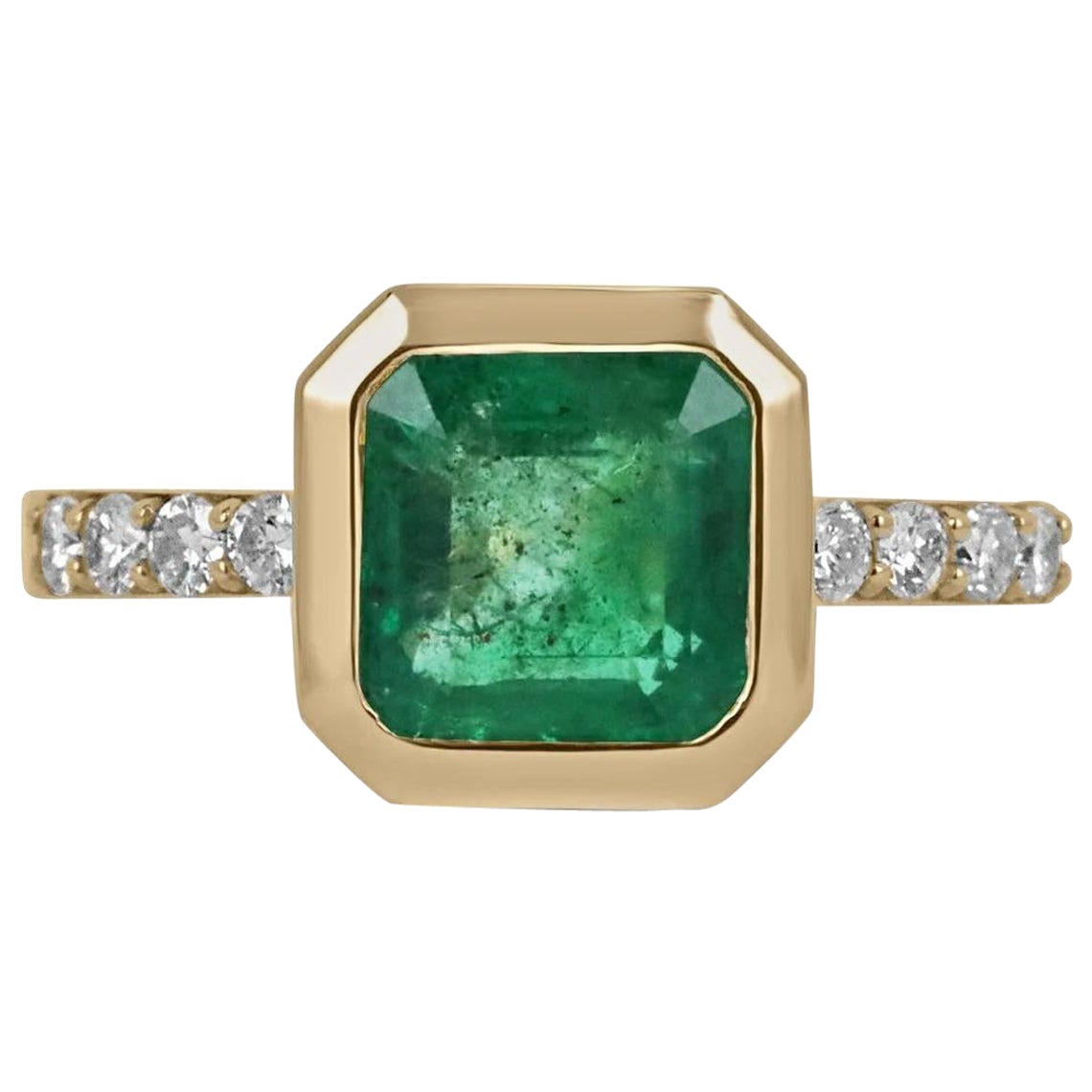 3.22tcw 14K Bezel Emerald Asscher & Diamond Accent Shank Right Hand Gold Ring For Sale