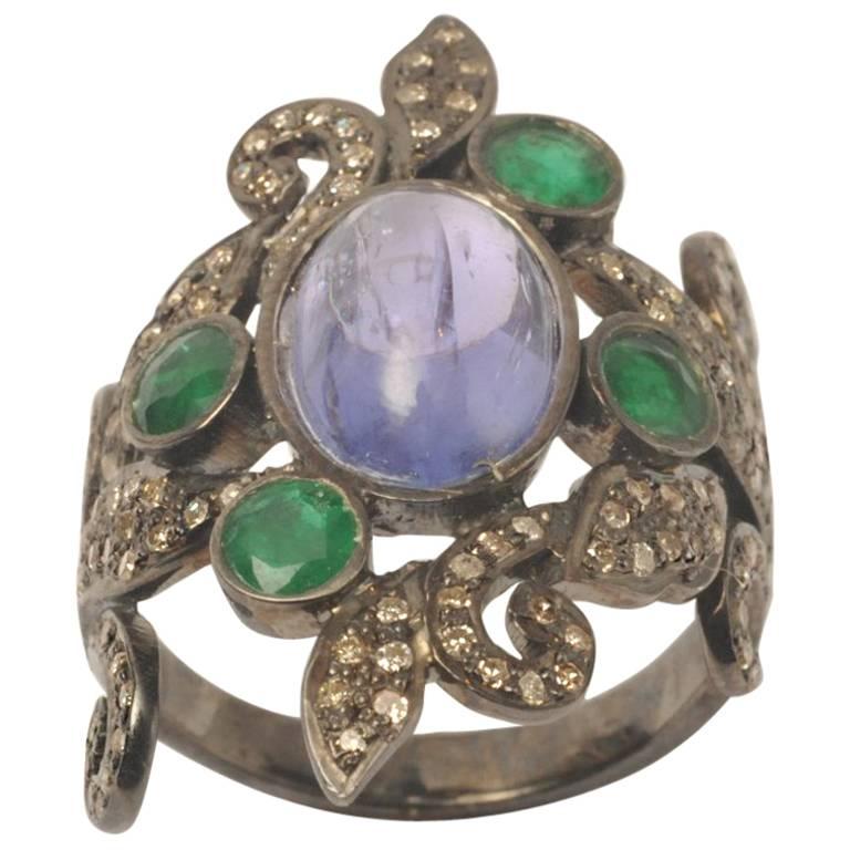 Tanzanite, Emeralds and Pave Diamond Sterling Silver Cocktail Ring
