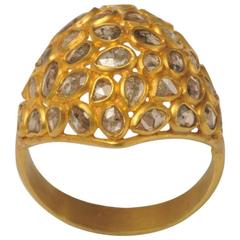 Mosaic of Rosecut Diamonds and 22 Karat Gold Dome Cactus Flower Ring 10