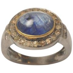 Cabochon Blue Ceylon Sapphire Diamond Sterling Silver Ring