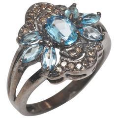 Blue Topaz Diamond Sterling Silver Ring 1