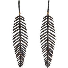 Stunning Pave'- Set, Blue Sapphire "Feather" Earrings, 18K Gold and Sterling