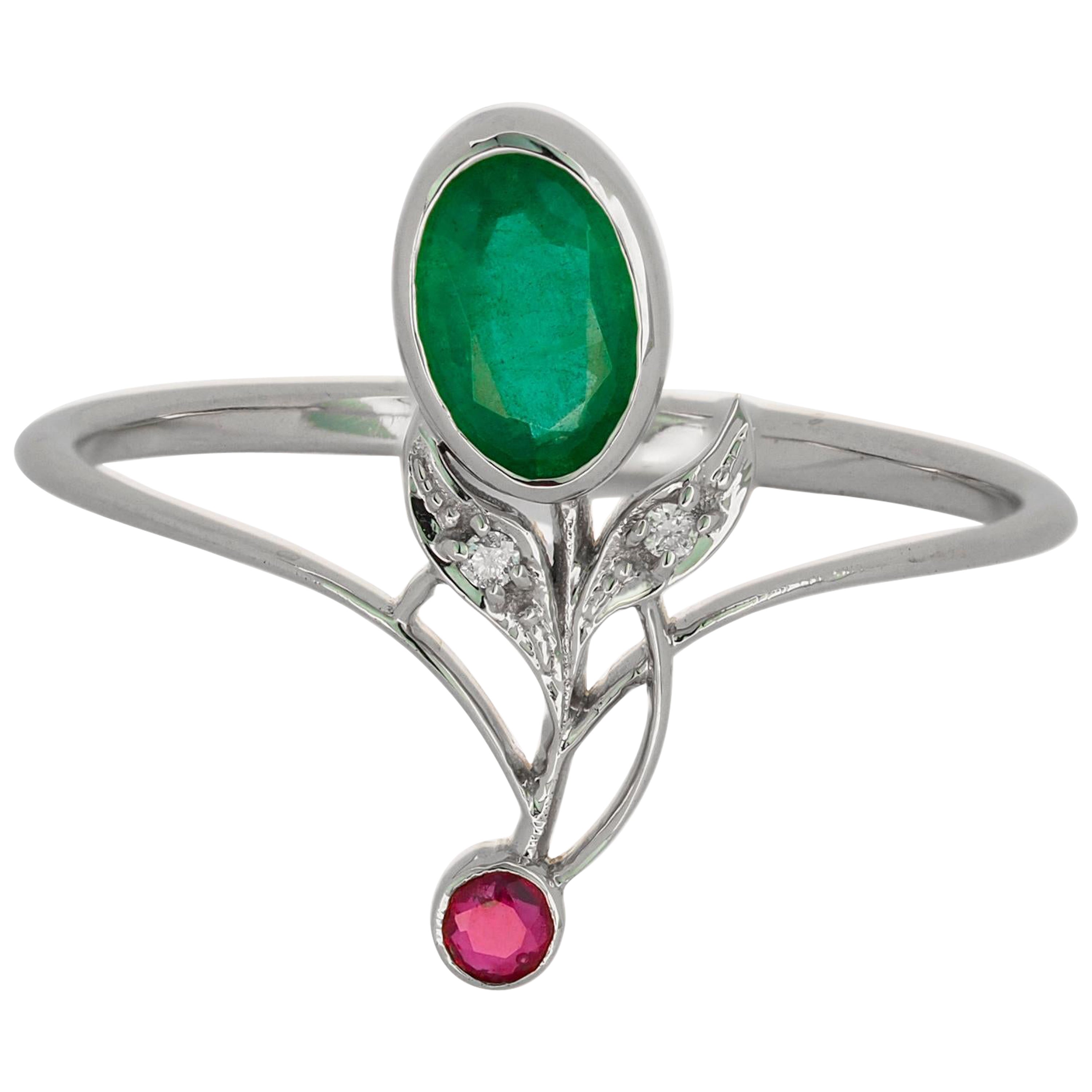 14k Gold Ring with Emerald, Ruby and Diamonds For Sale at 1stDibs