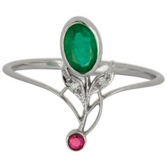 14k Gold Ring with Emerald, Ruby and Diamonds