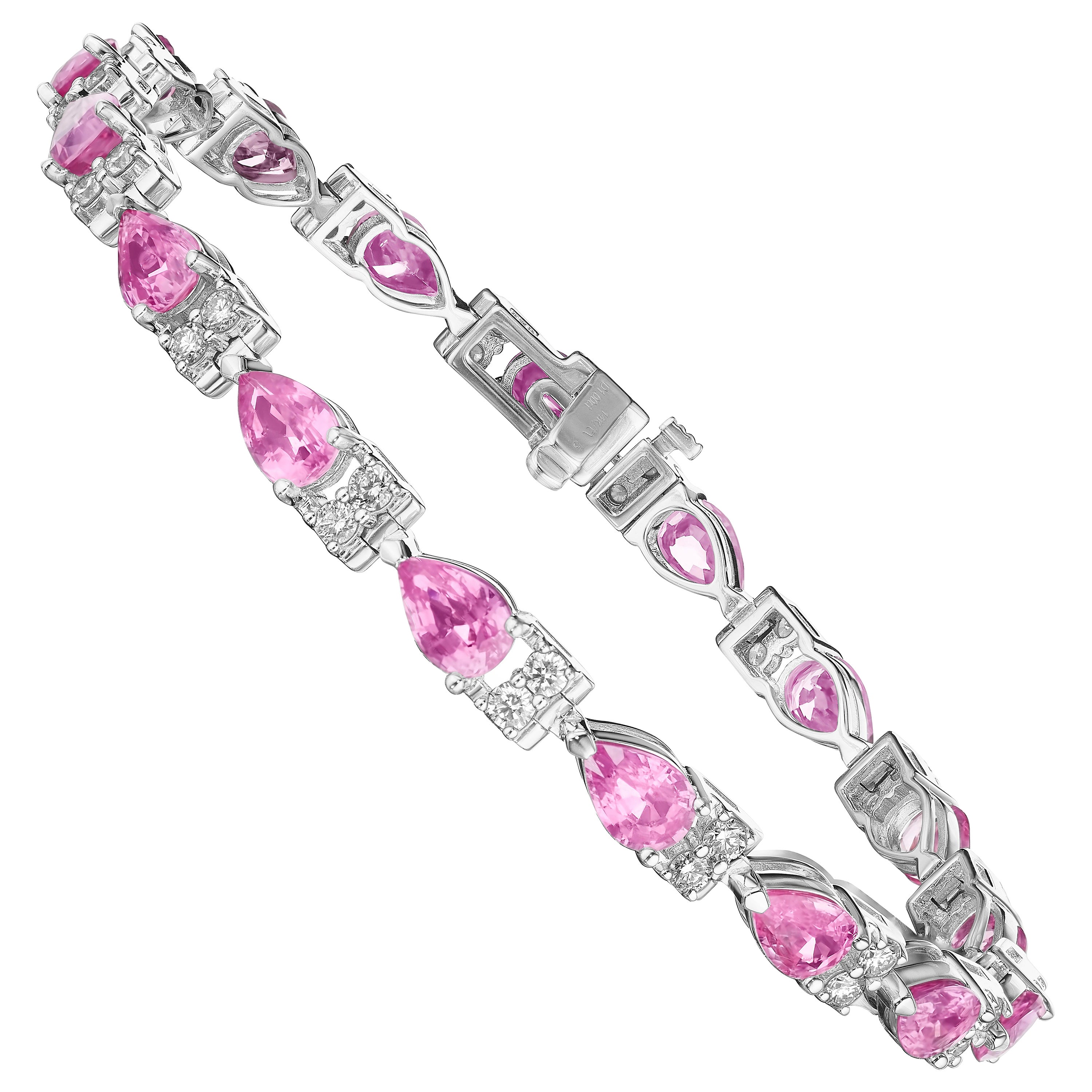 10.50ct Pear Shape Pink Sapphire & Round Diamond Bracelet in 14KT Gold For Sale