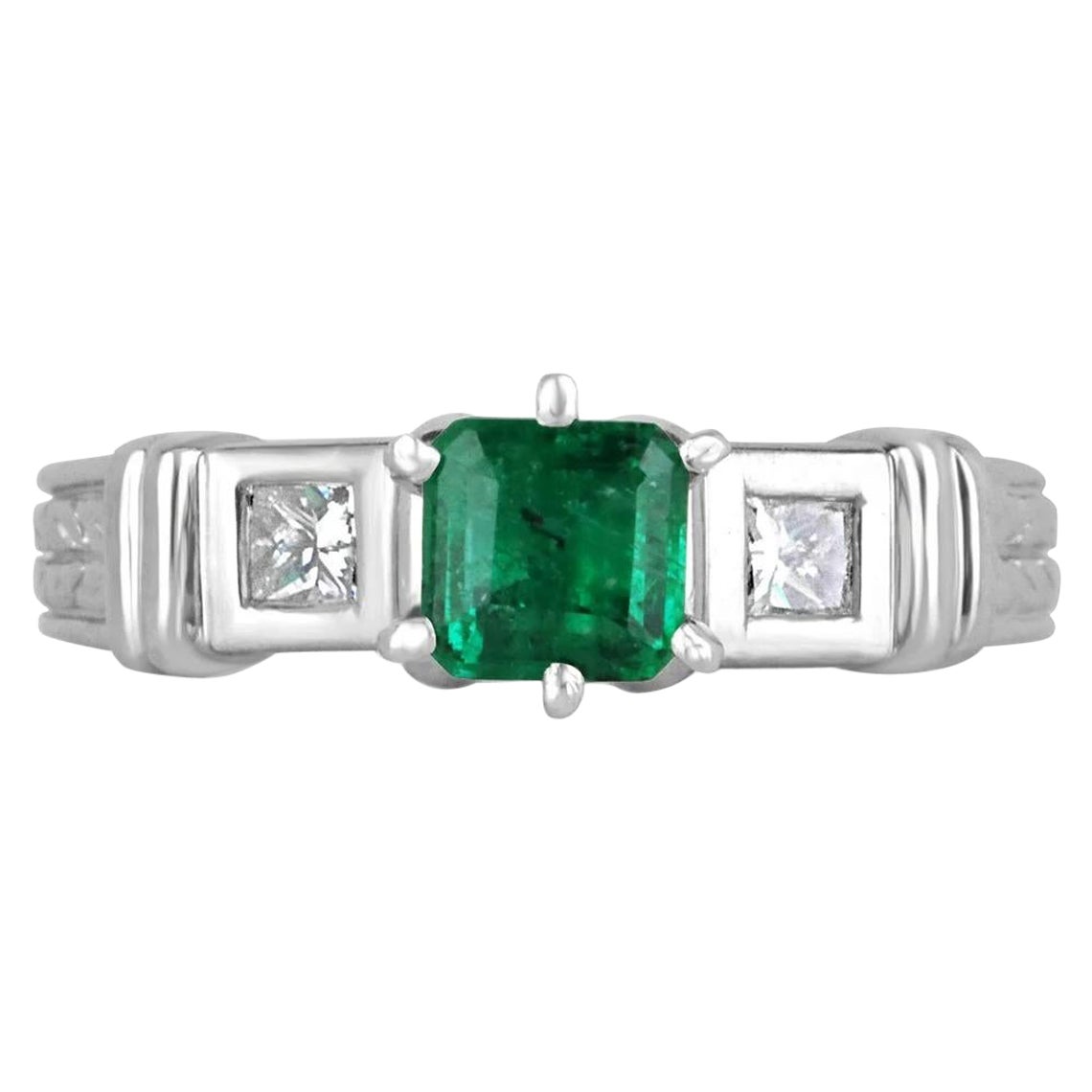 1.20tcw 18K Fine Quality Asscher Cut Emerald & Princess Cut Diamond Accent Ring