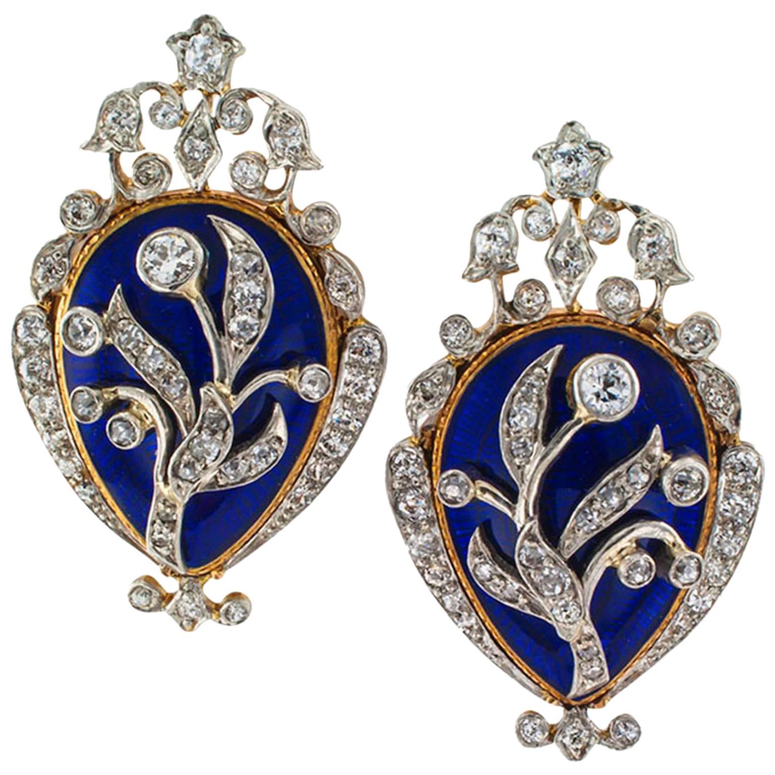 1890s Victorian Royal Blue Enamel Diamond Gold Platinum Ear Clips