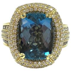 7.58 Carat GIA Cert Cushion Cut Aquamarine Diamond Gold Ring