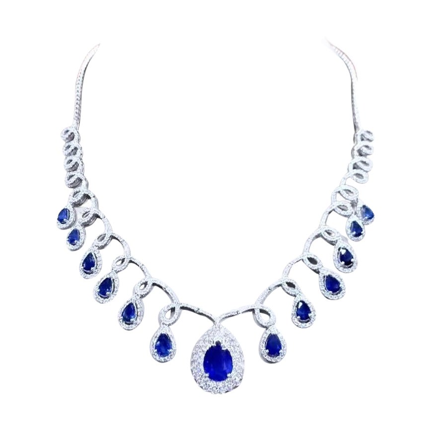 AIG Certified 16.84 Ct Ceylon Vivid Royal Blue Sapphires Diamonds Necklace  For Sale