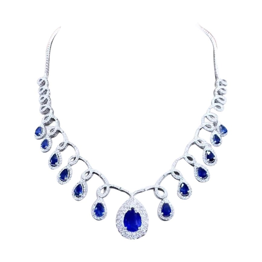 AIG Certified 16.84 Ct Ceylon Vivid Royal Blue Sapphires Diamonds Necklace 