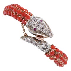 Coral, Rubies, Diamonds, Rose Gold and Silver Snake Bracelet.