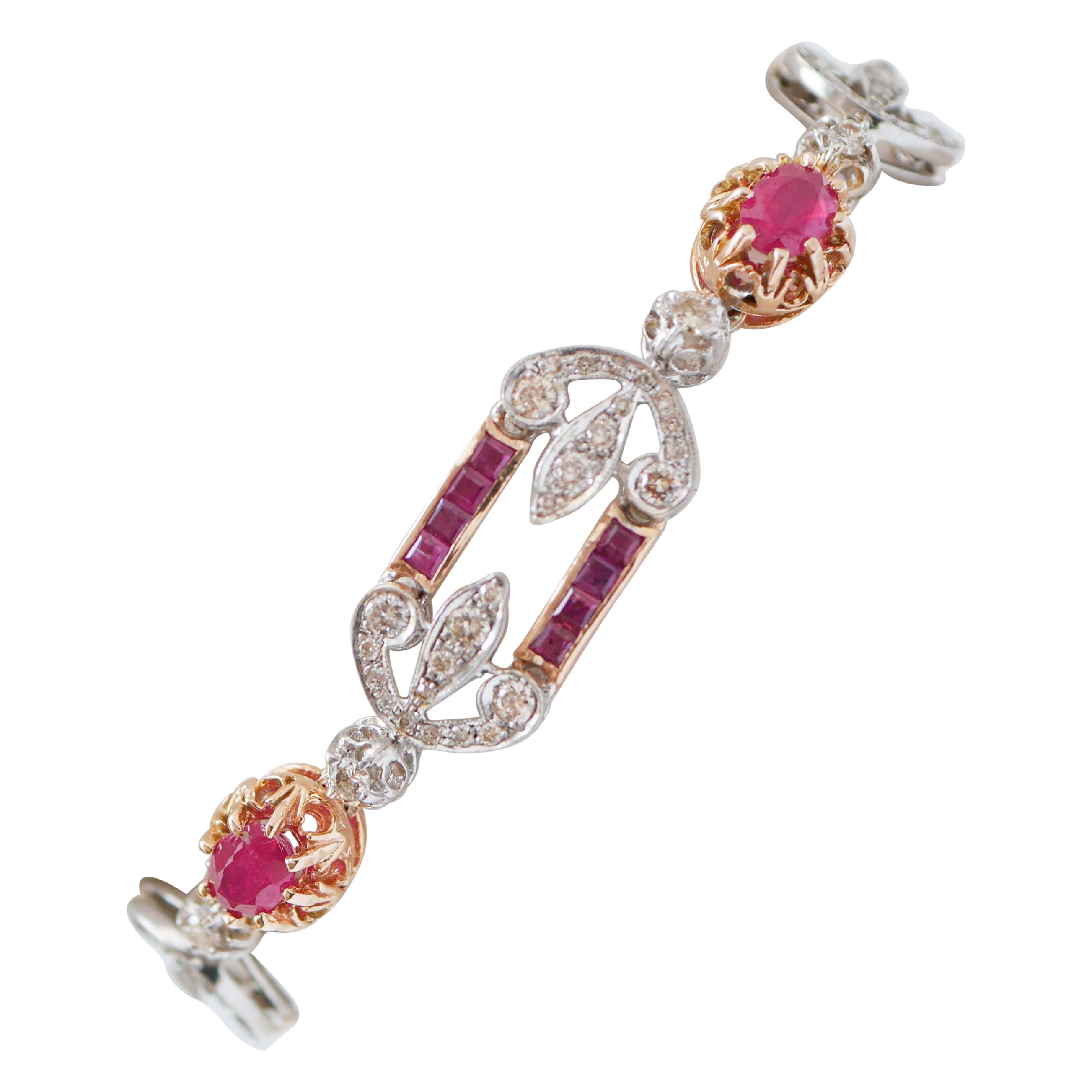 Rubies, Diamonds, 14 Karat Rose Gold and Silver Bracelet. For Sale