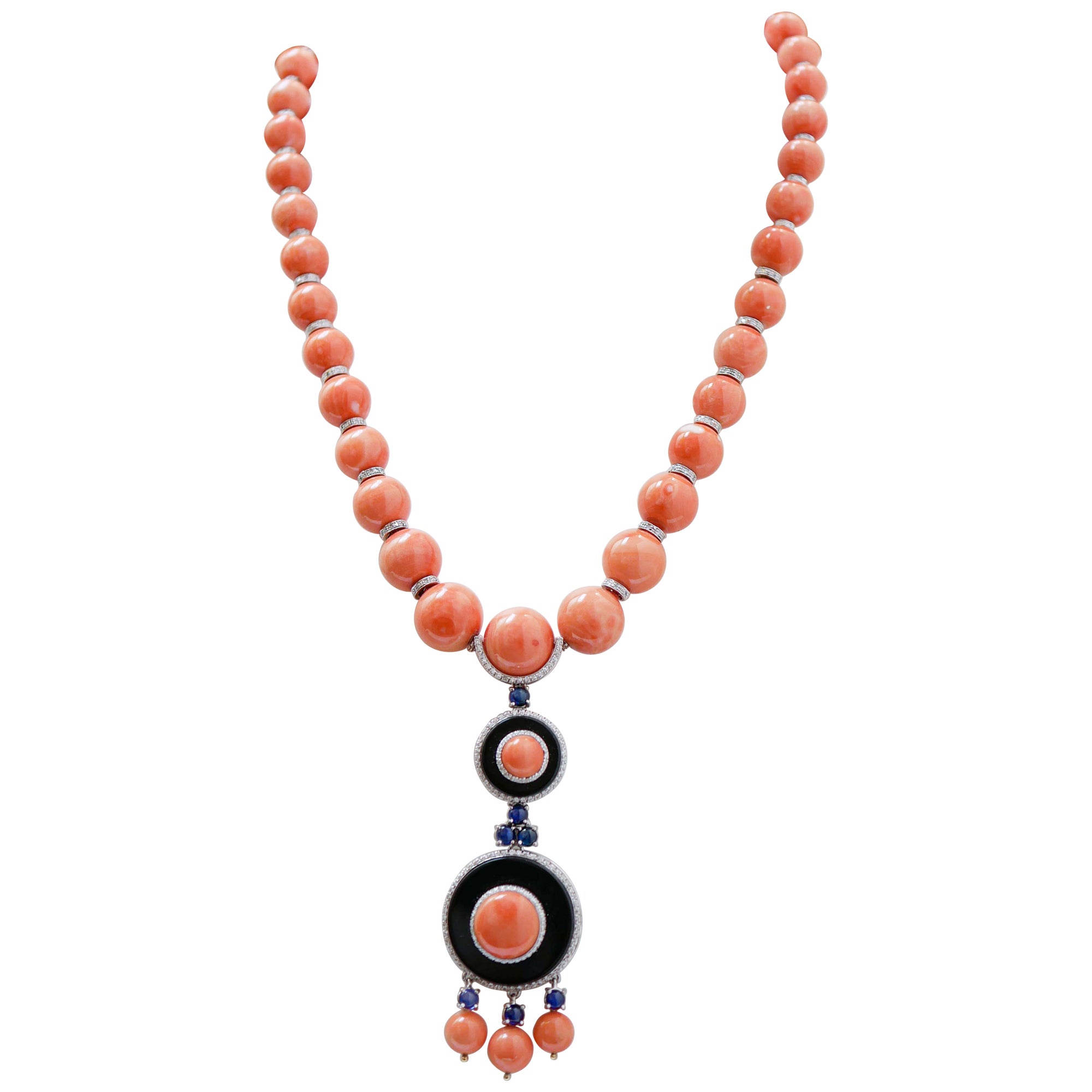 Coral, Onyx, Sapphires, Diamonds, 18 Kt White Gold and 14 kt White Gold Necklace For Sale