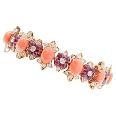 Vintage Coral, Rubies, Diamonds, 14 Karat Rose Gold Retrò Bracelet.