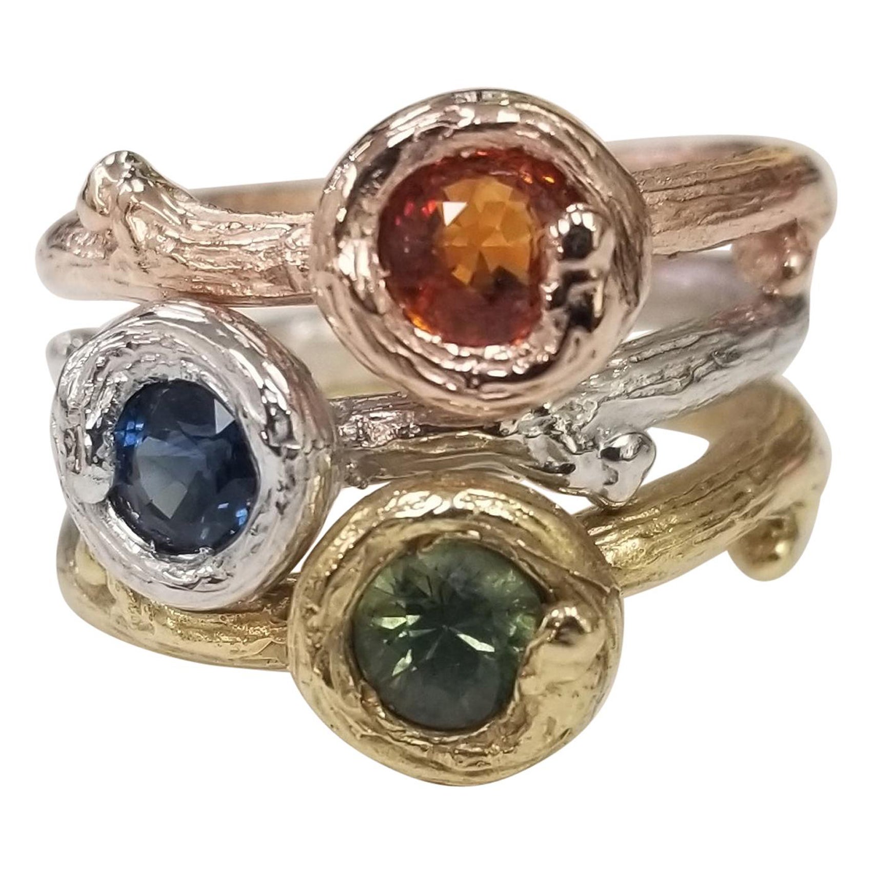 Set of 3 14k gold Multicolored Sapphire Bark Stack-Able Rings For Sale