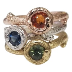Set of 3 14k gold Multicolored Sapphire Bark Stack-Able Rings