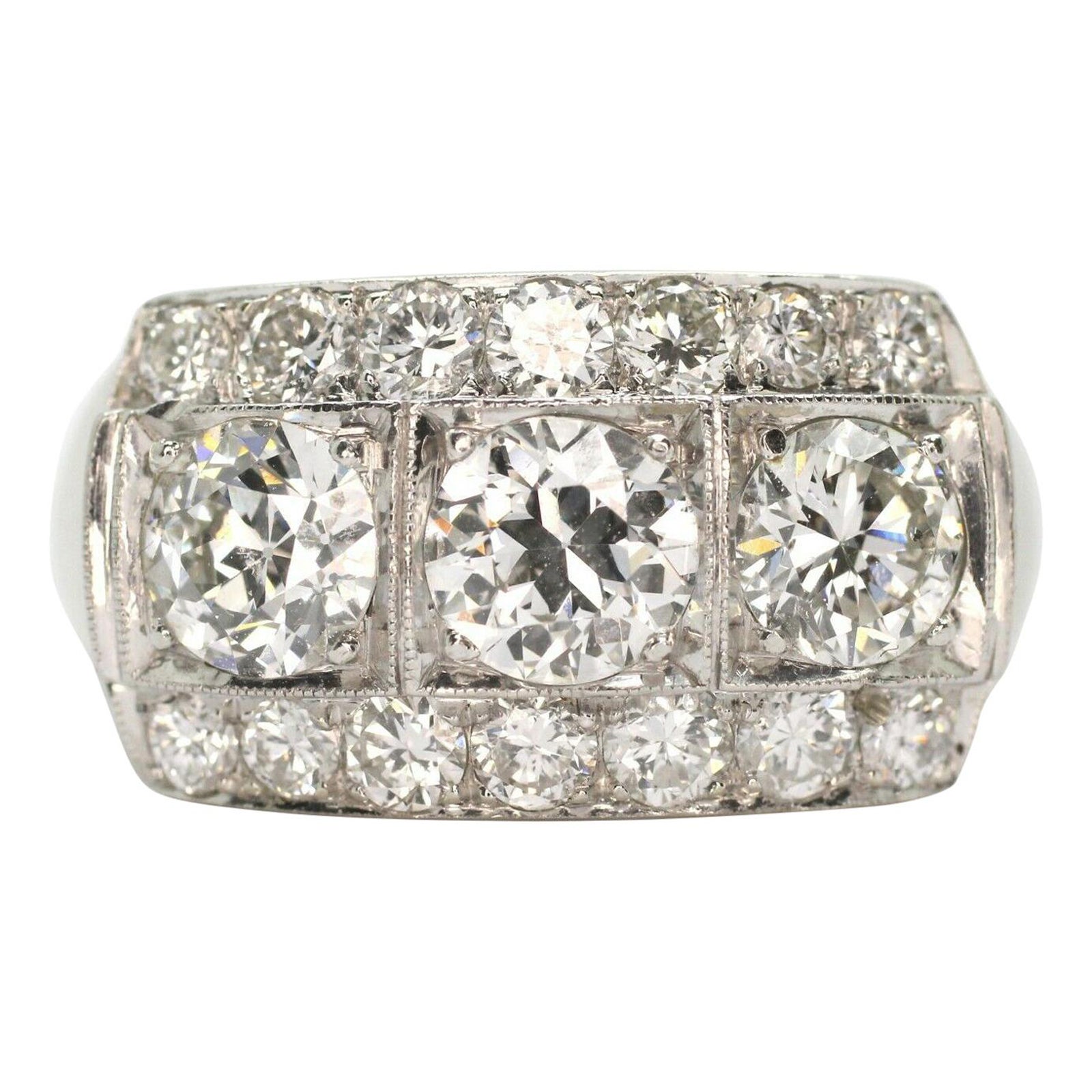 14k White Gold Art Deco Style 3 Diamonds with 2 Rows of Diamonds For Sale