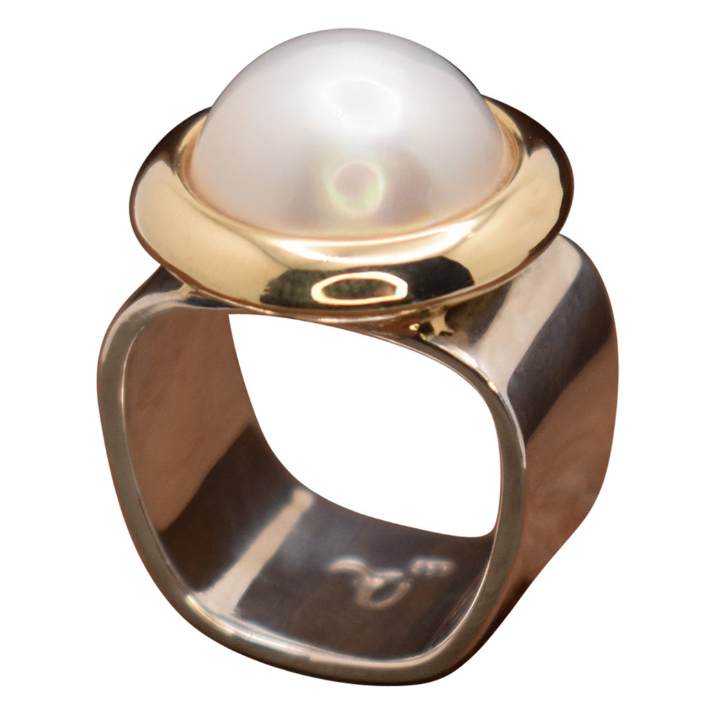 Mabé Freshwater Pearl, 14k Gold and Sterling Silver Contemporary Cocktail Ring For Sale