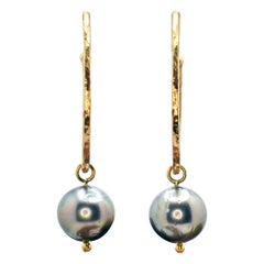 Tahitian Pearl Drop Charm 18k Gold Hammered Hoop Earrings