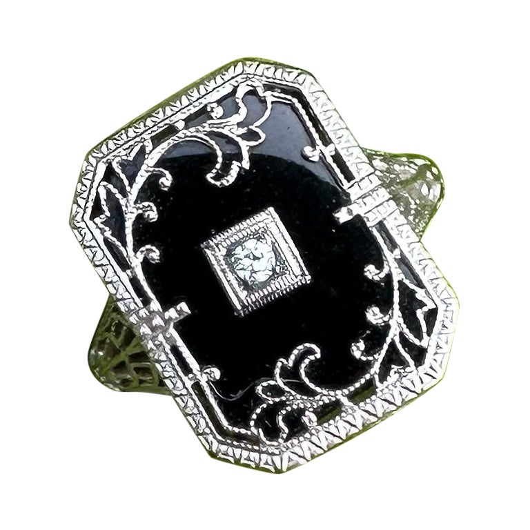 Art Deco Diamond Black Onyx Ring Edwardian Filigree 14 Karat White Gold Flower