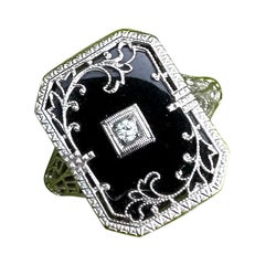 Antique Art Deco Diamond Black Onyx Ring Edwardian Filigree 14 Karat White Gold Flower