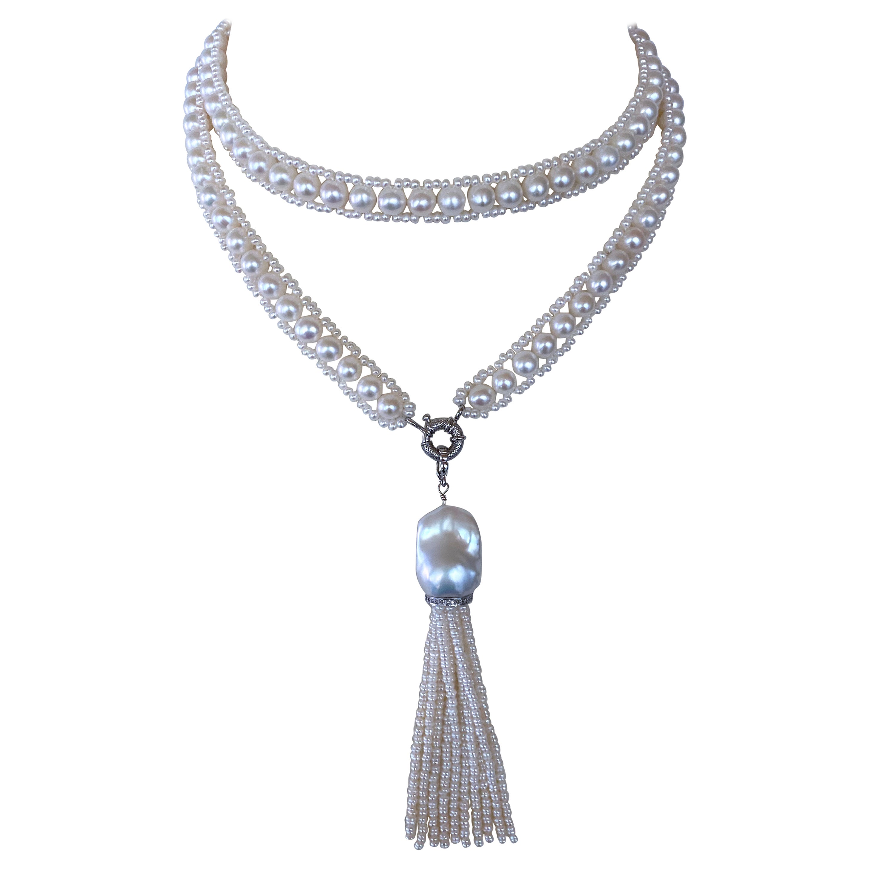 Marina J. All Pearl Sautoir & Tassel with Diamond encruste solid 14k White Gold  For Sale
