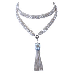 Marina J. All Pearl Sautoir & Tassel with Diamond encruste solid 14k White Gold 