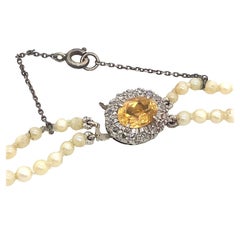 2 Row Seed Pearl Graduated Necklace with Citrine & Diamond Clasp