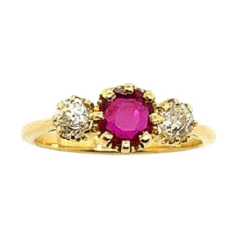 Fine Quality 0.75ct Ruby and Victorian Cut Diamond Ring in 18ct Yellow Gold