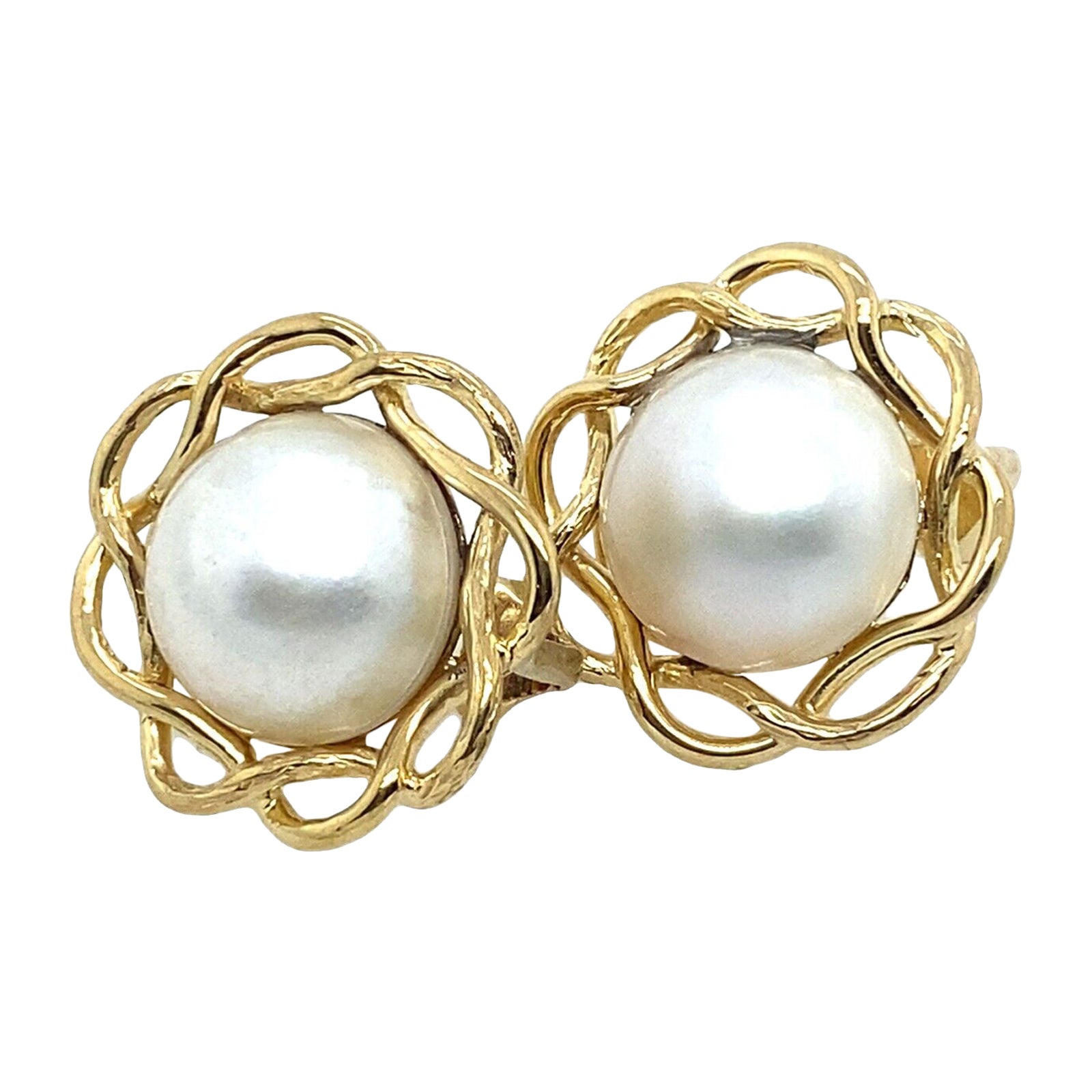 Marbeille Pearl Earrings Set in Yellow & White Gold For Sale