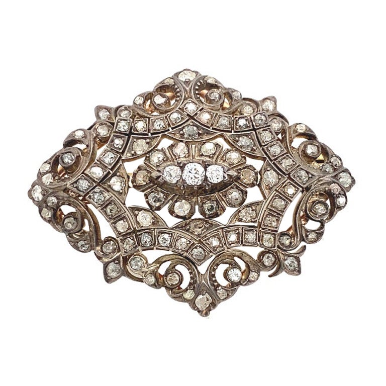 15ct Rose Gold & Silver Brooch Set with Victorian Rose Cut Diamonds For Sale