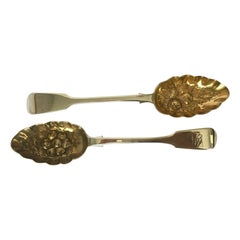 Antique Pair of Victorian Sterling Silver Berry Fruit Serving Spoons, 1848