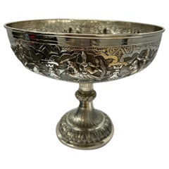 Antique Indian Silver Repousse Hunting Scenes Pedestal Bowl/Trophy