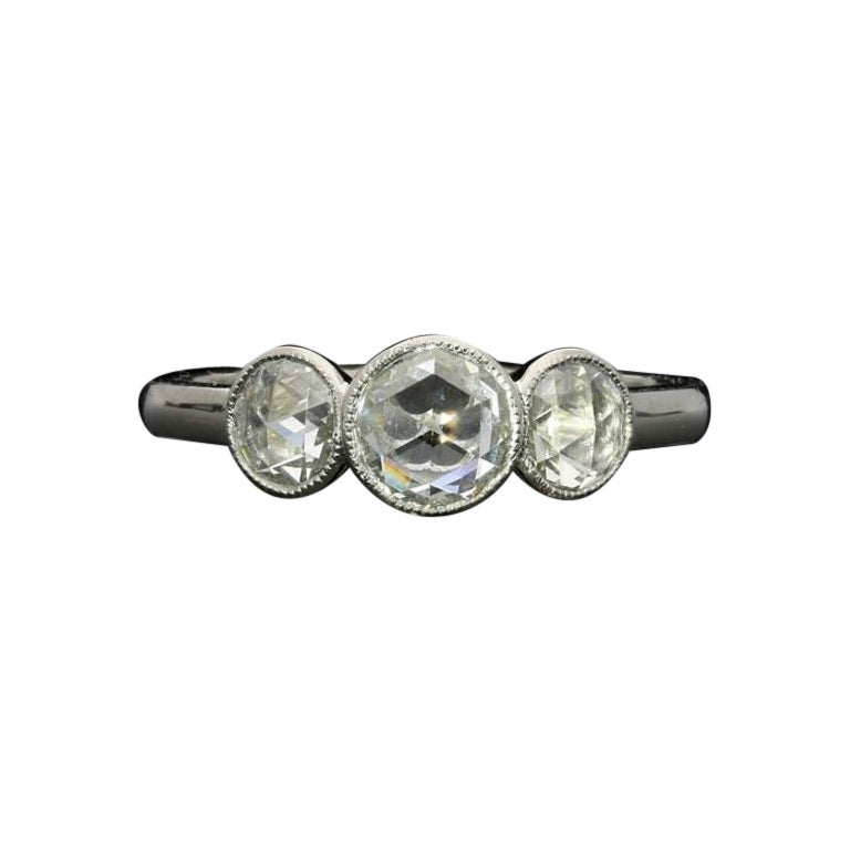 Hancocks Three Stone Rose Cut Diamond Ring In Platinum Mount Contemporary For Sale