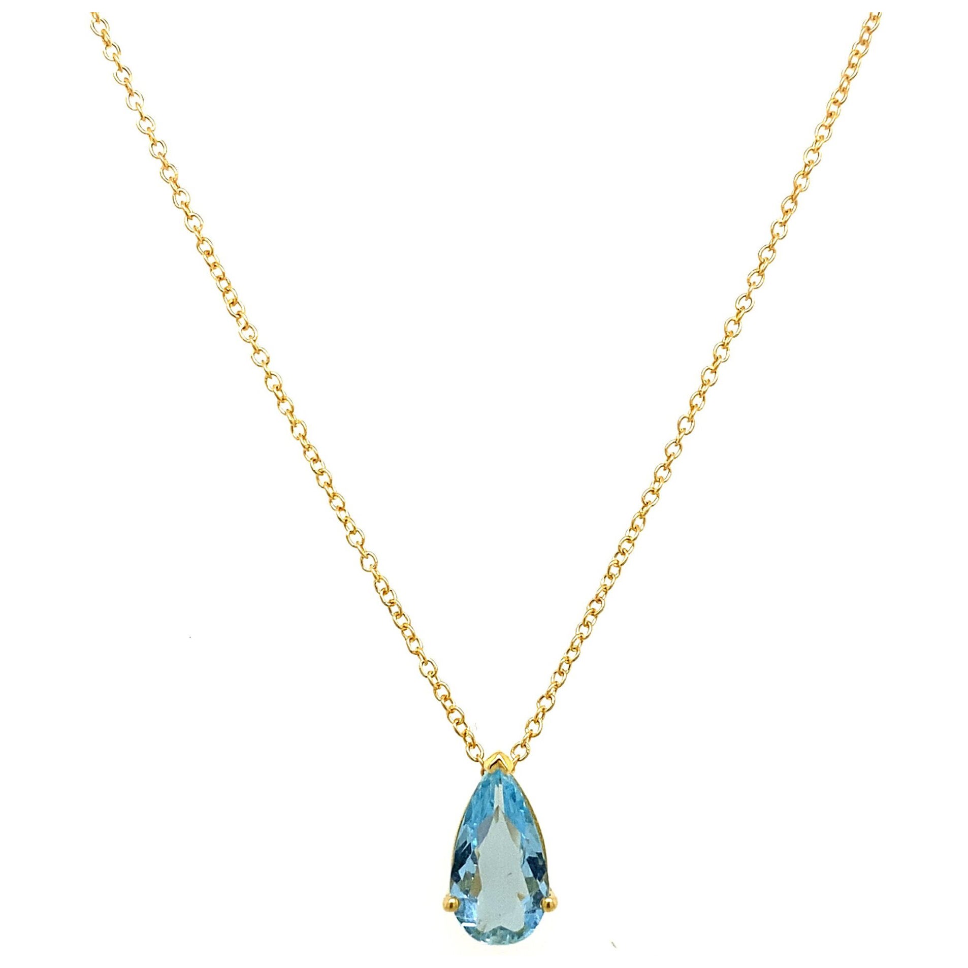 Fine Quality 1.02ct Pear Shape Aquamarine Pendant & 18ct Yellow Gold Chain For Sale